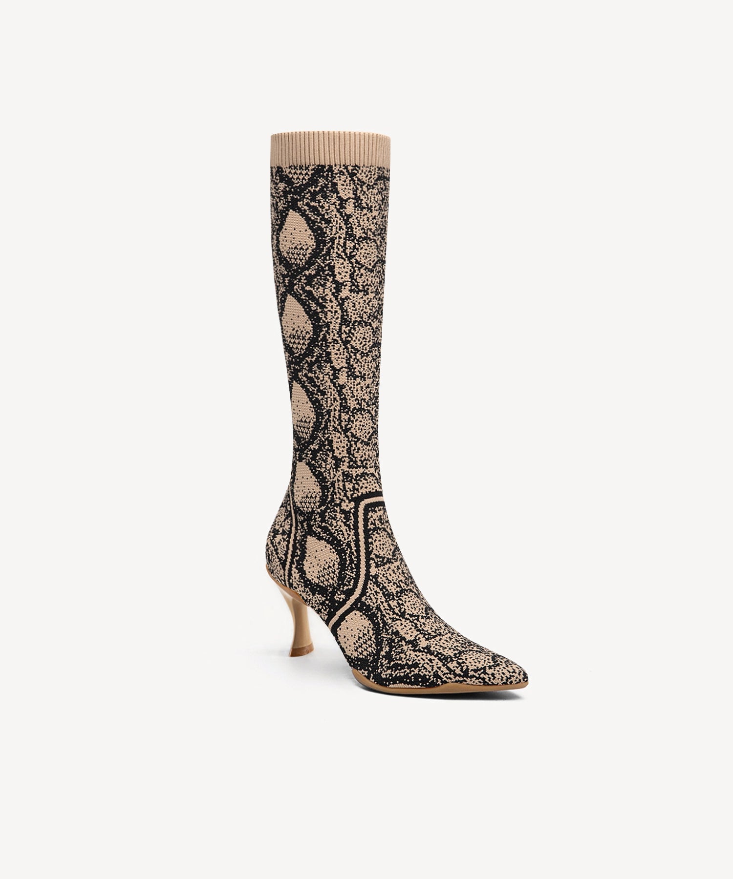 Minimalist Pointed Toe Heeled Long Boots#color_Apricot snake print