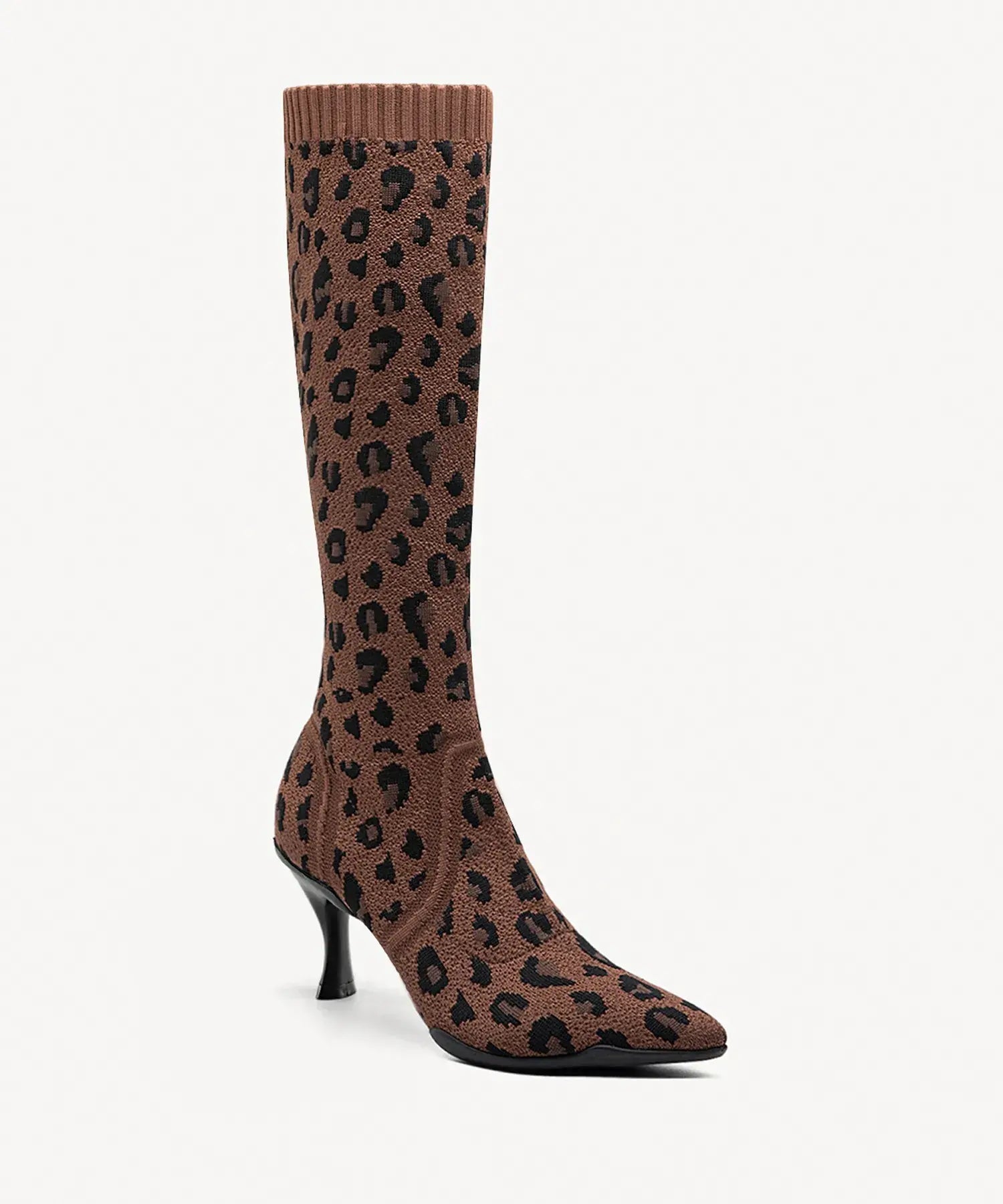 Minimalist Pointed Toe Heeled Long Boots#color_brown leopard