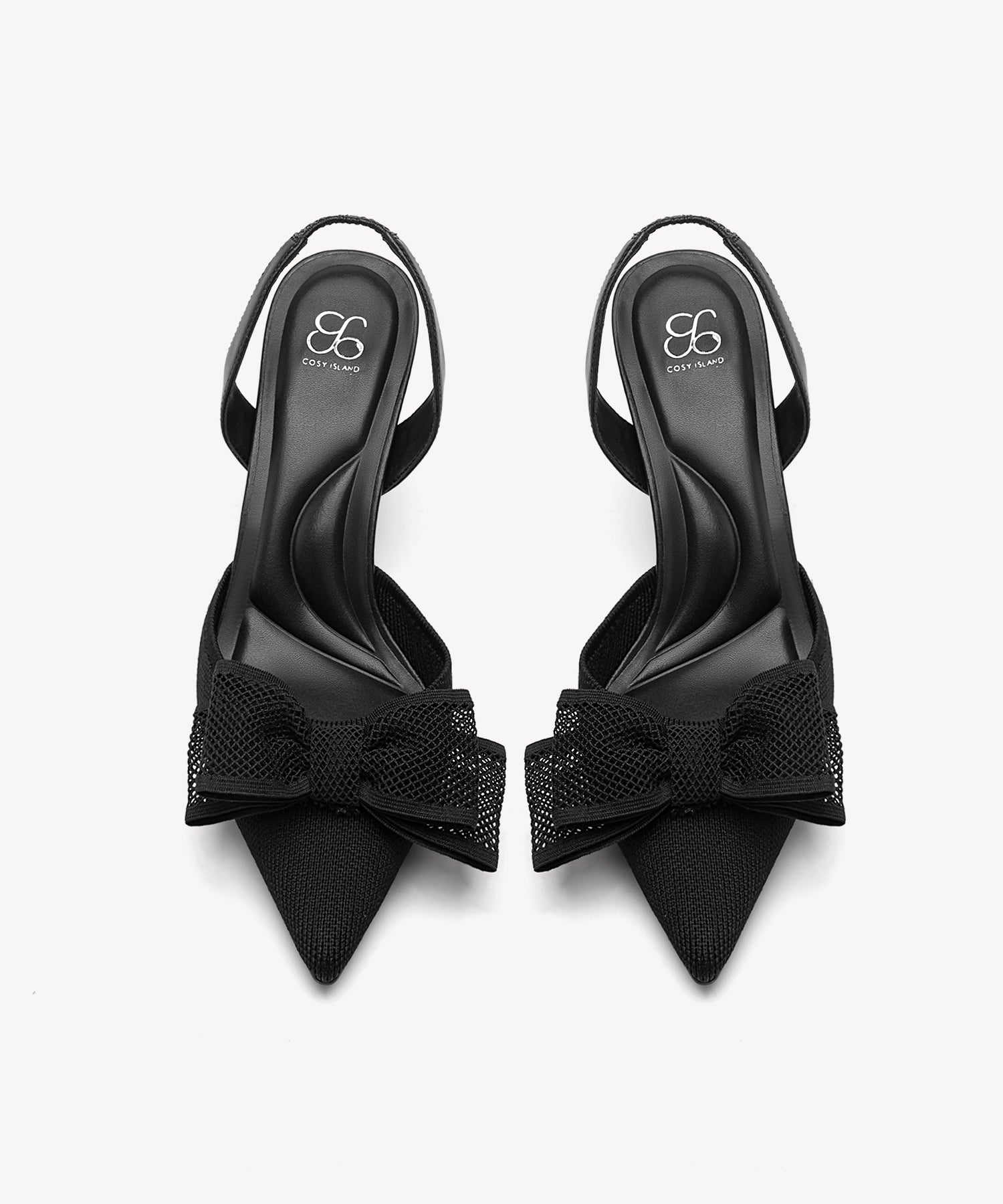Bowtention Lace Pointed Toe Heeled Slingback #color_black