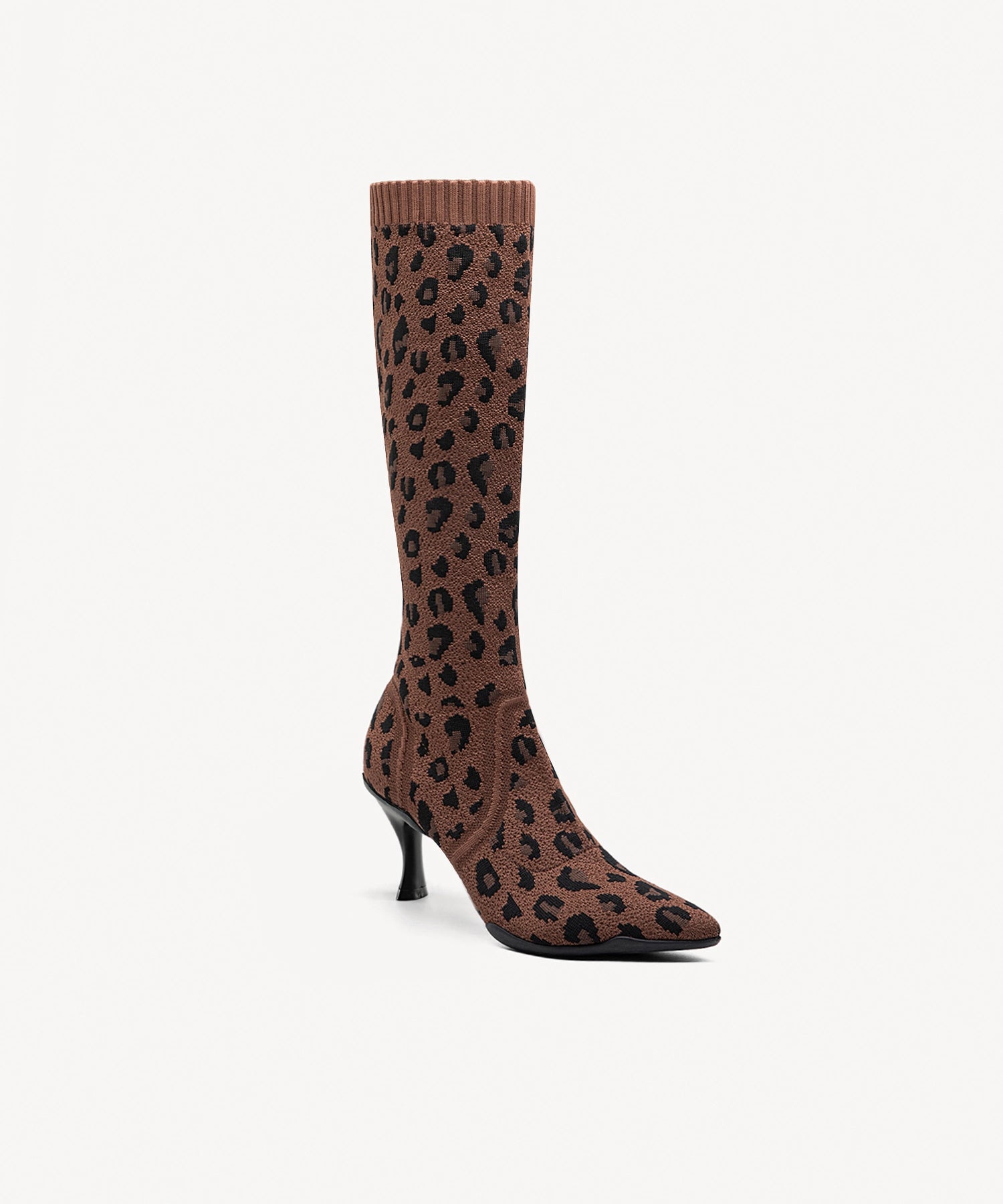 Minimalist Pointed Toe Heeled Long Boots#color_brown leopard