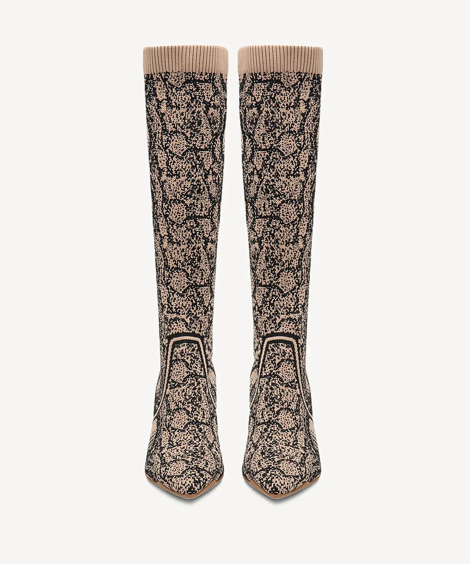 Minimalist Pointed Toe Heeled Long Boots#color_Apricot snake print