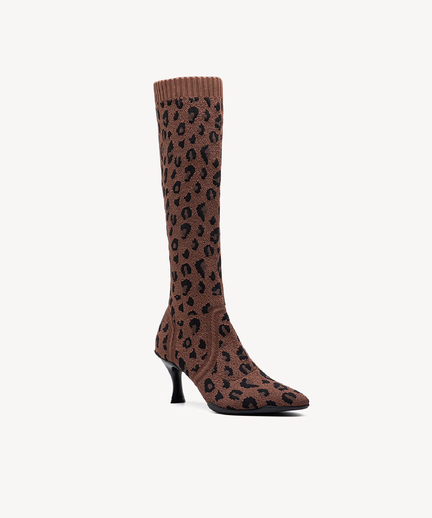 Minimalist Pointed Toe Heeled Long Boots#color_brown leopard