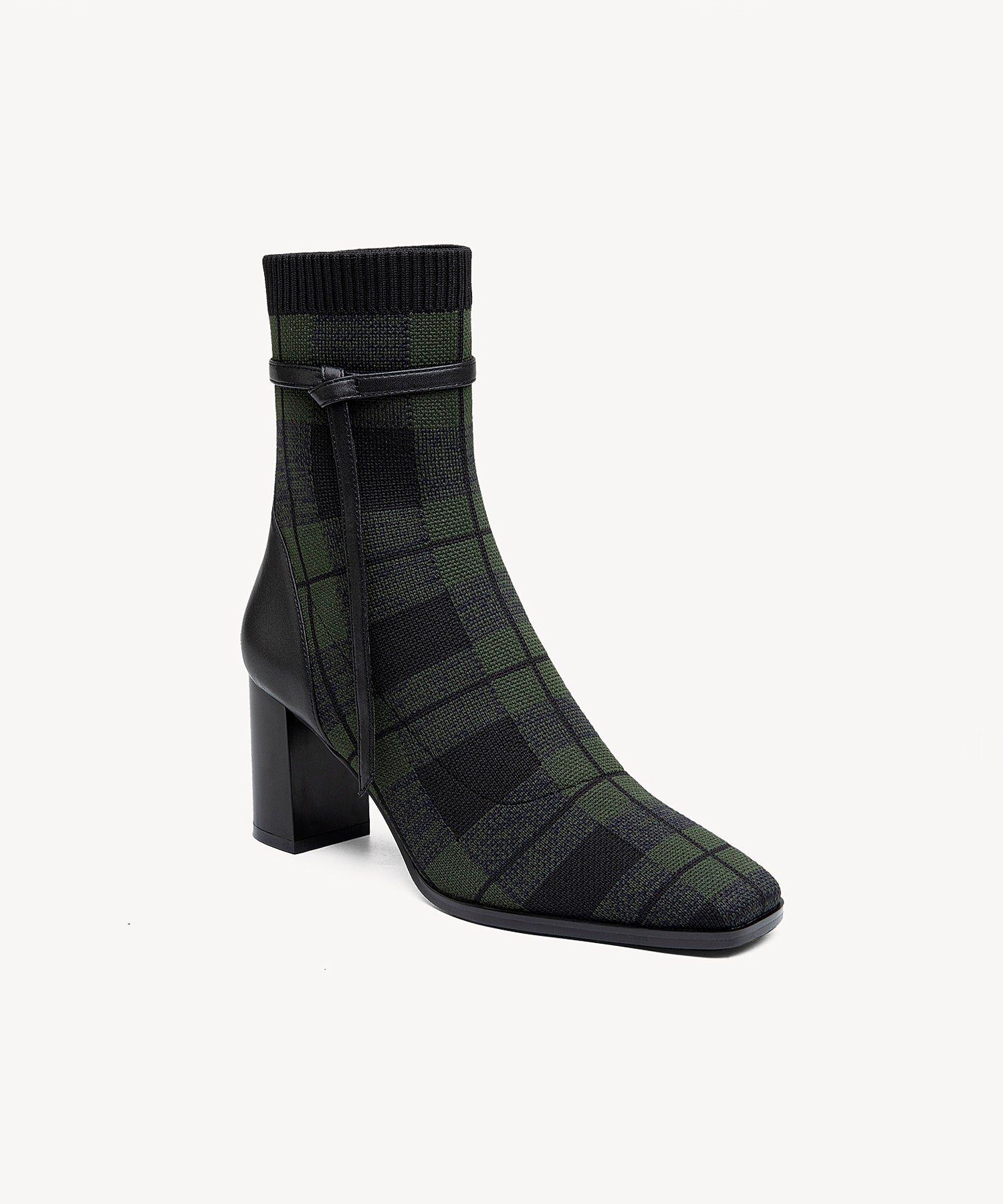 Commute Square Toe Chunky Heeled Ankle Boots Green Plaid