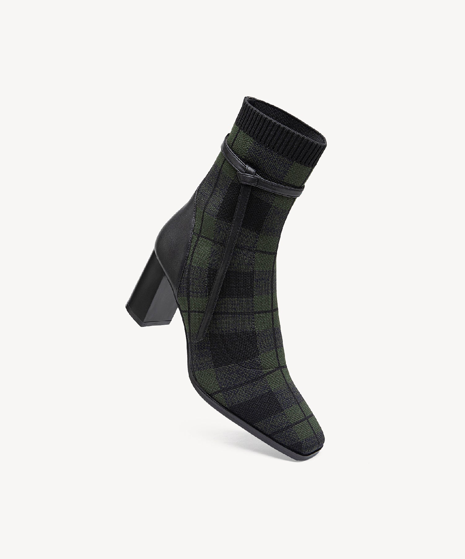 Commute Square Toe Chunky Heeled Ankle Boots Green Plaid