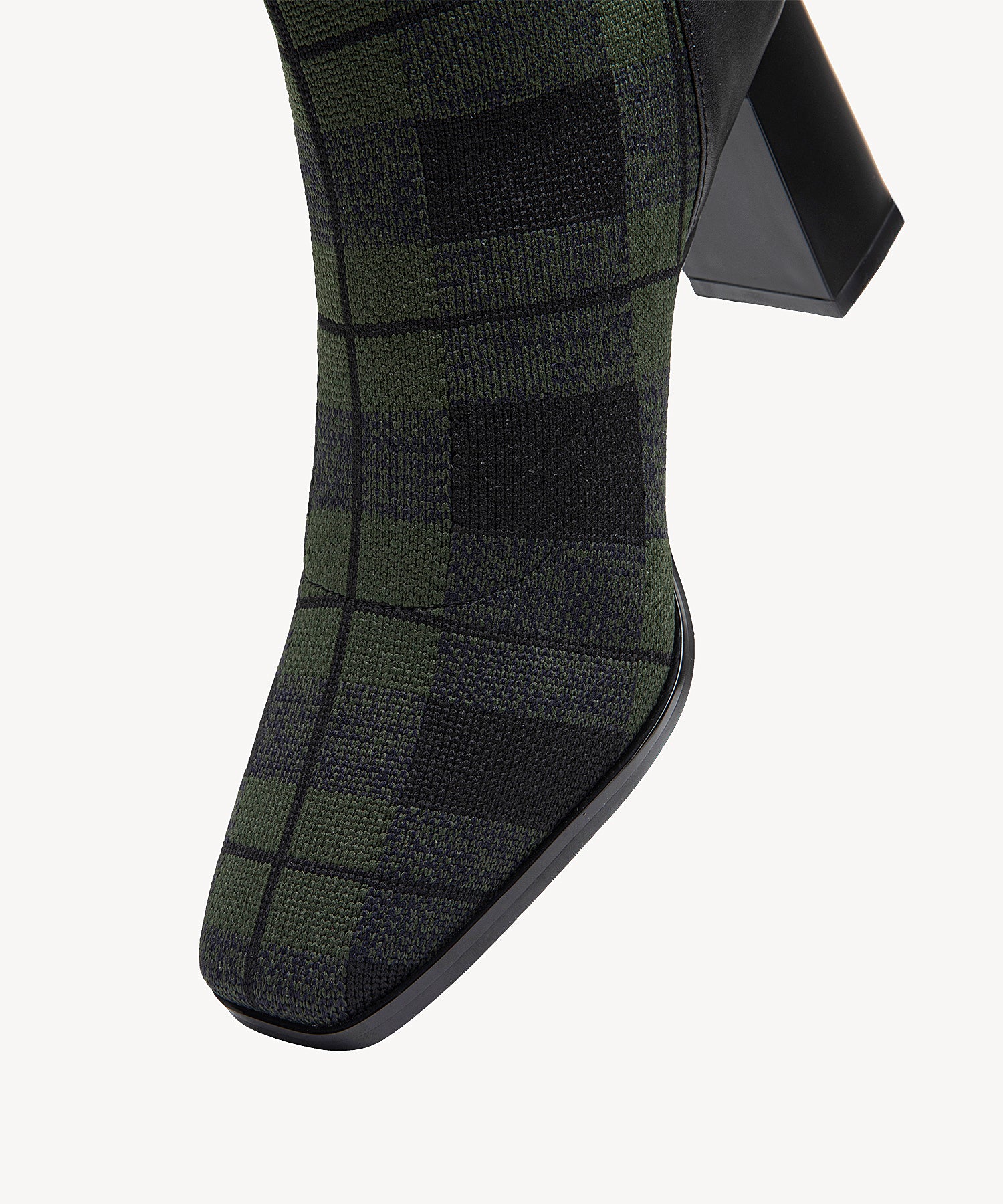 Commute Square Toe Chunky Heeled Ankle Boots Green Plaid