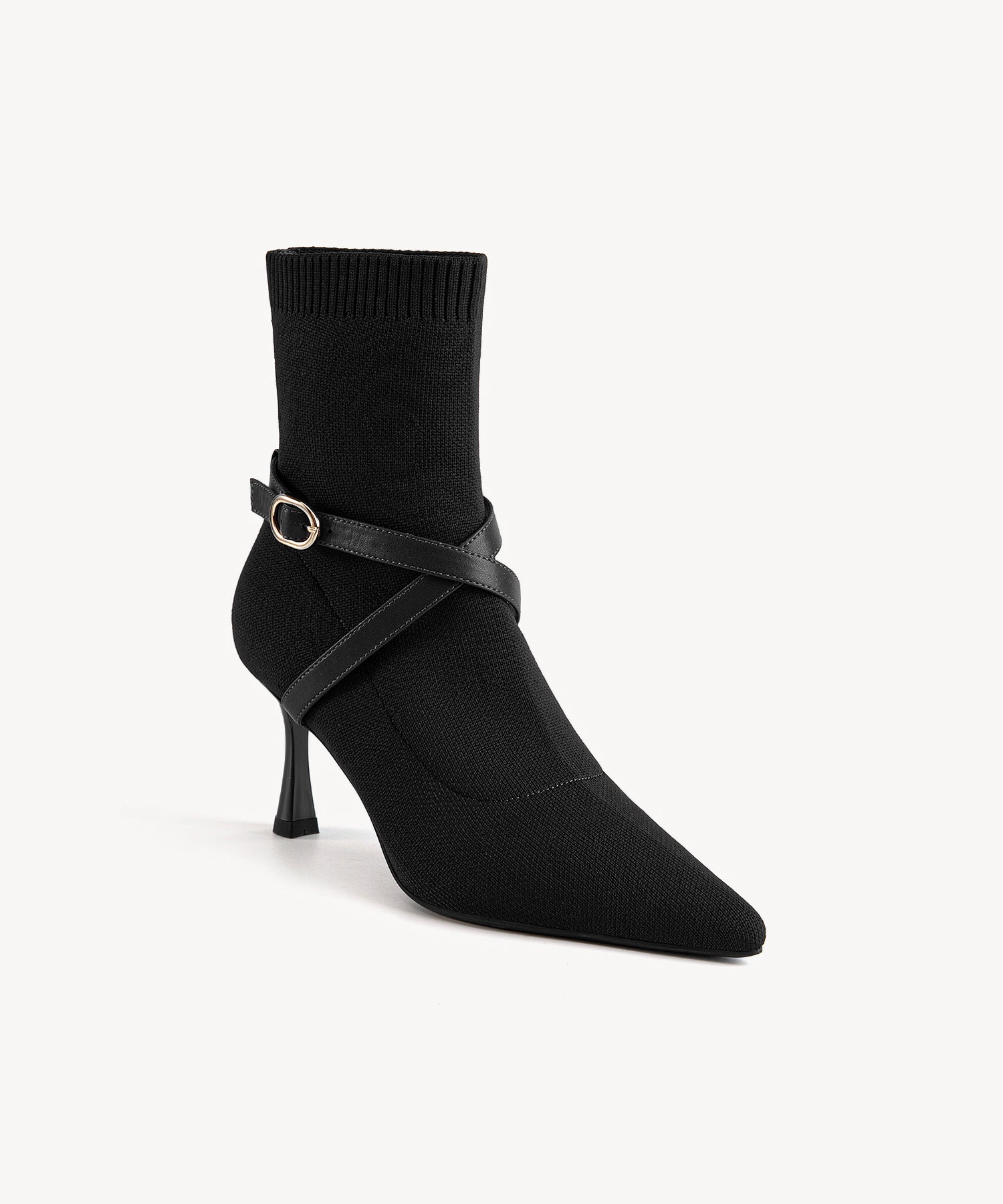 Strap Pointed Toe  Sock Ankle Boots Black