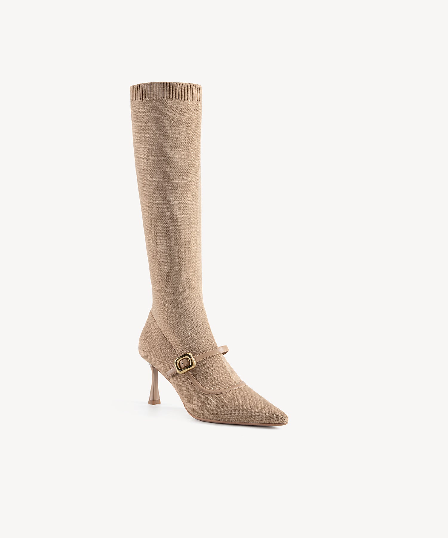 Enchanted Buckle Pointed Toe Sock High Boots Apricot