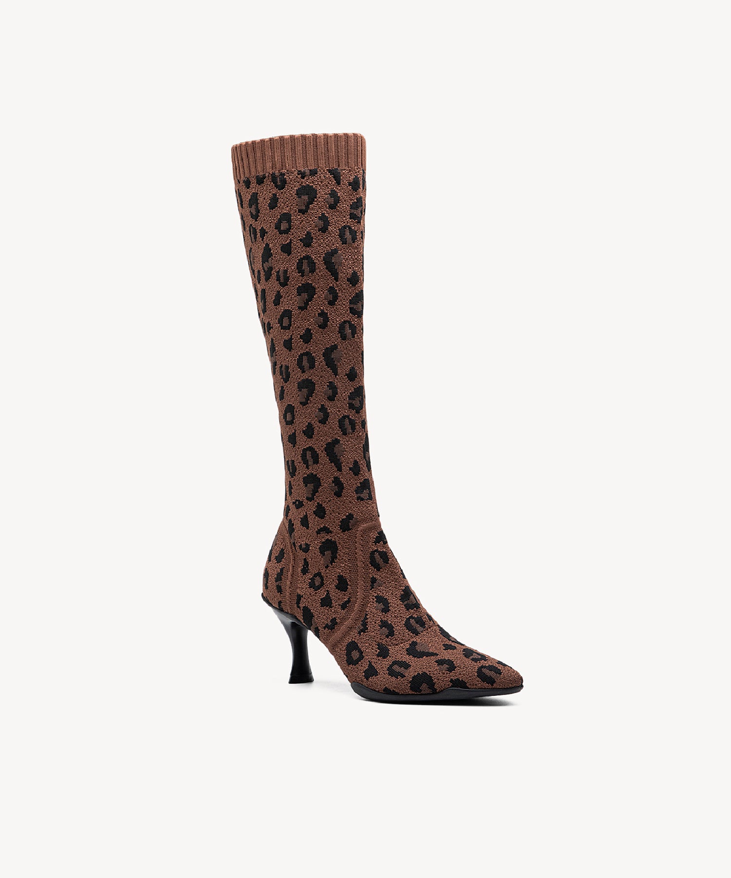 Minimalist  Pointed Toe Heeled Long Boots Brown Leopard