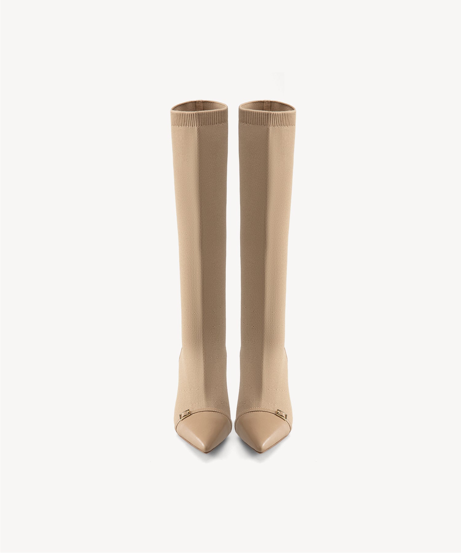 Leather Pointed Toe Heeled Long Boots Apricot