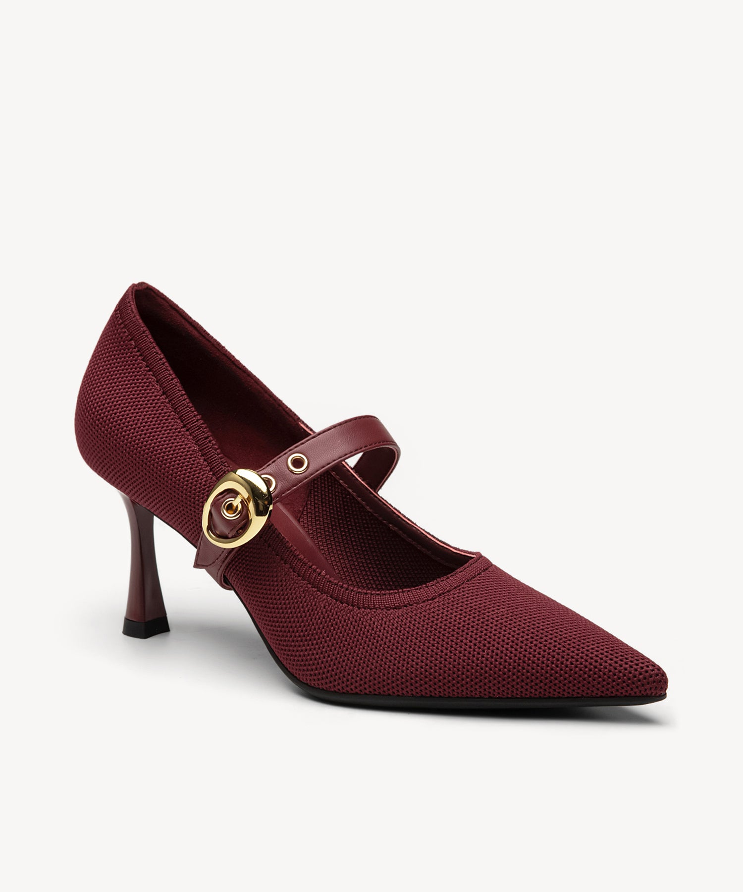 Removable Strap Pointed Toe Heeled Pumps#color_burgundy