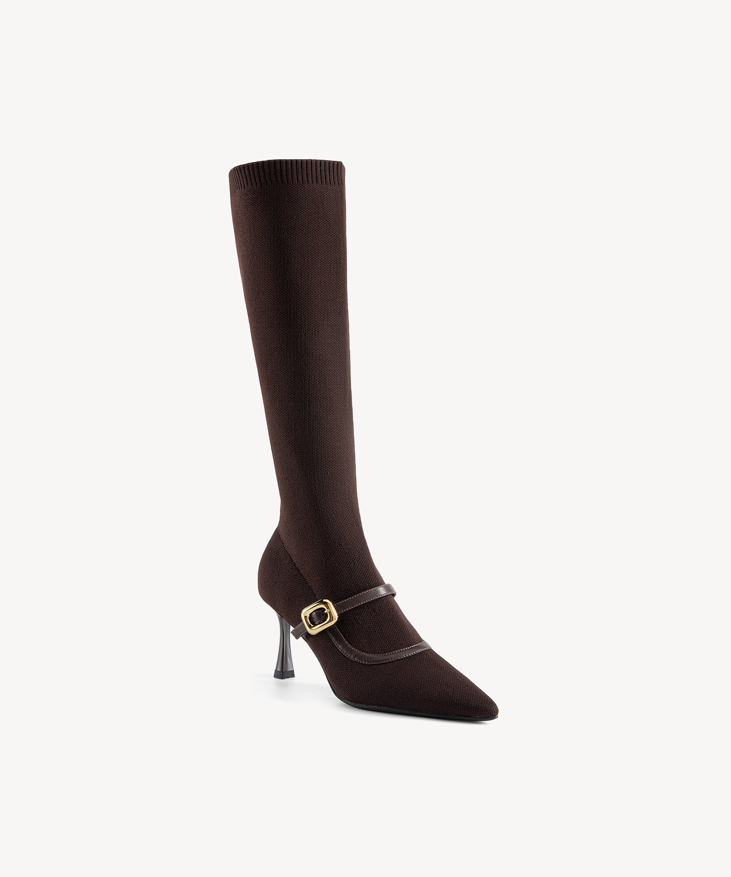 Enchanted Buckle Pointed Toe Sock High Boots Coffee