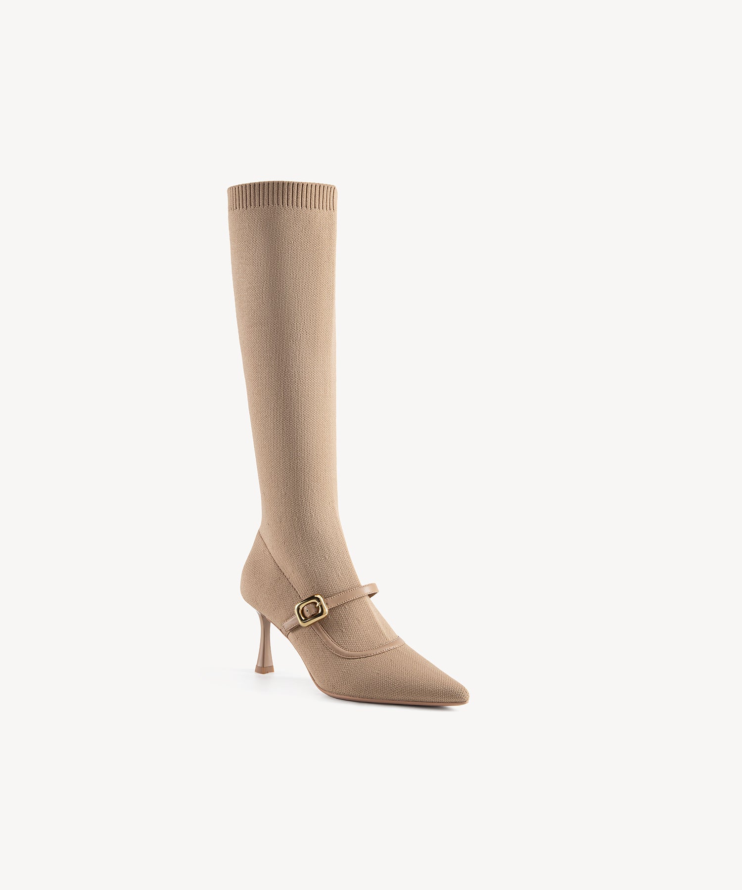 Enchanted Buckle Pointed Toe Sock High Boots Apricot