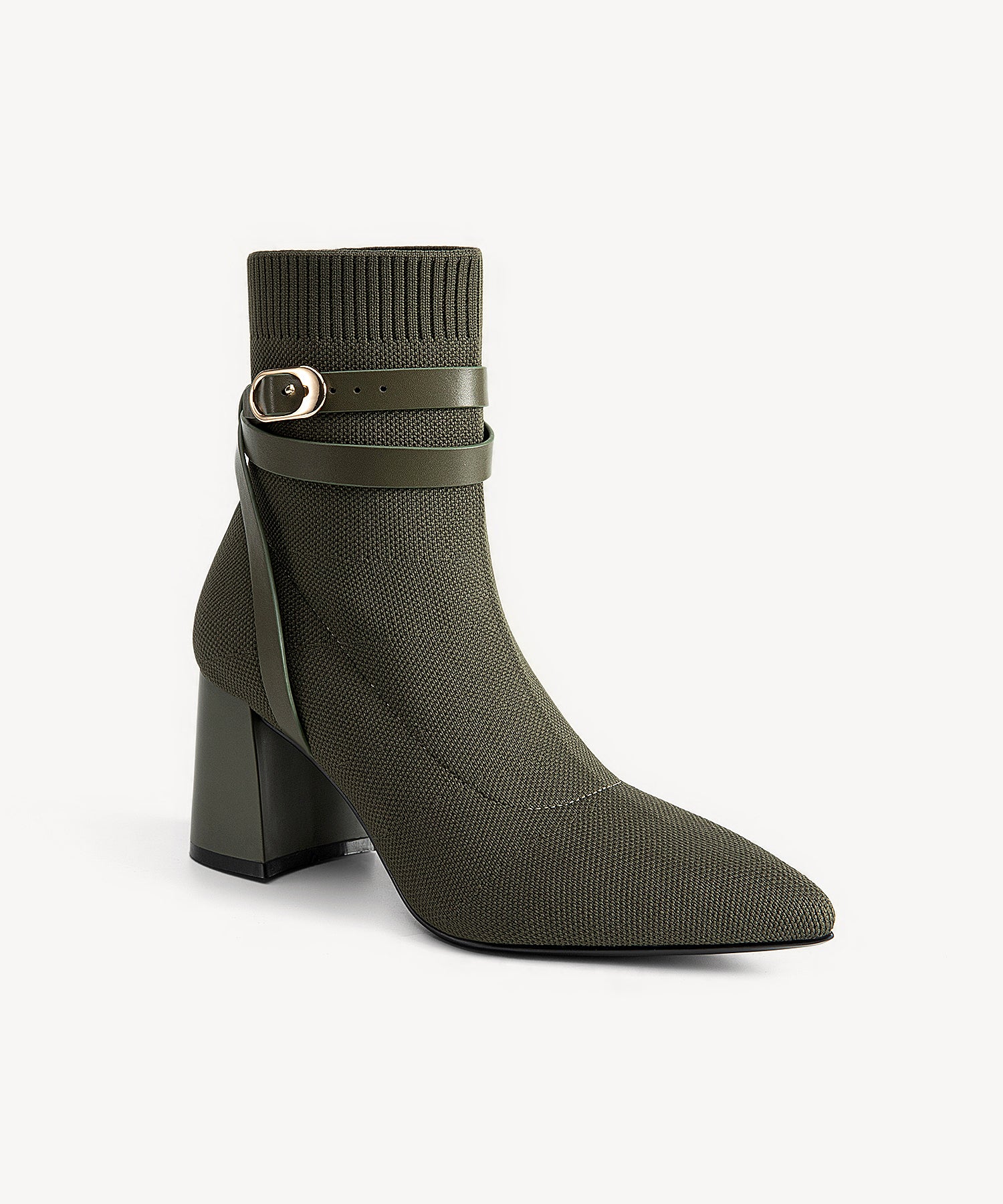 Strap Pointed Chunky Heeled Ankle Boots Green