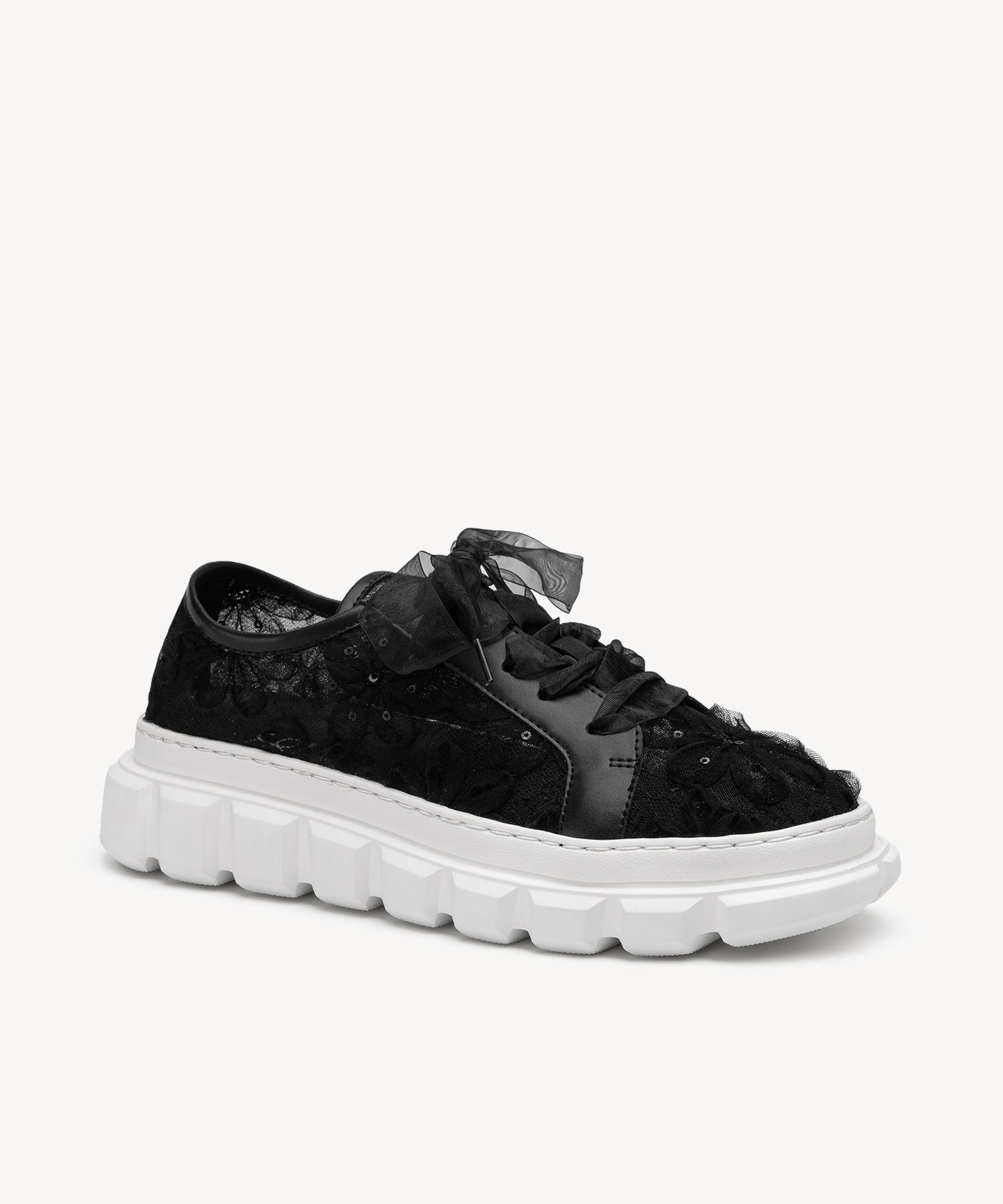 Lace Round Toe Chunky Sneakers COSY ISLAND #color_black