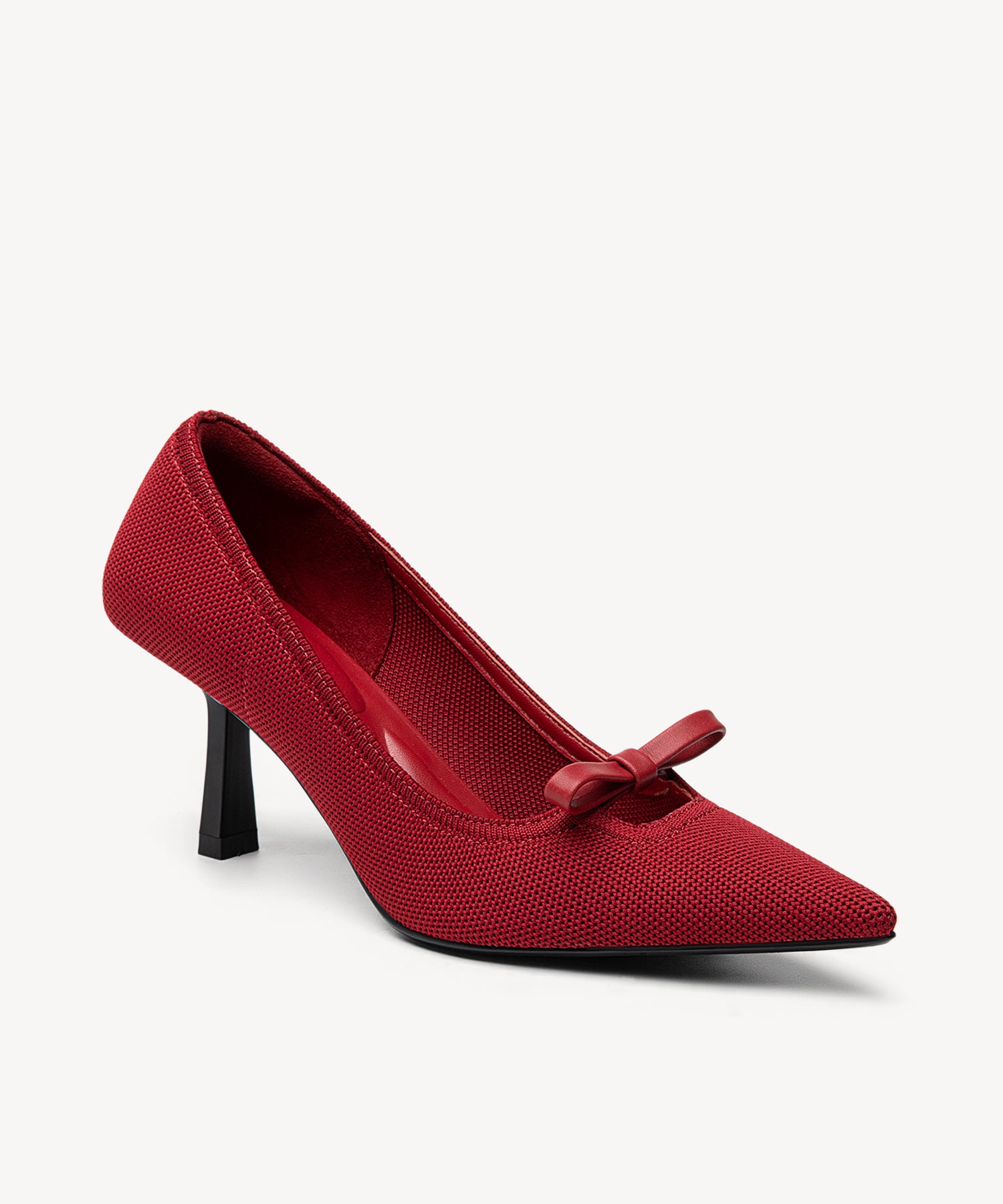 Slip On Bow Pointed Toe Heeled Pumps Red