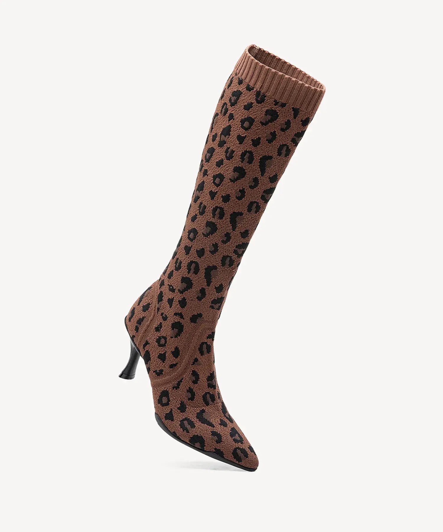 Minimalist Pointed Toe Heeled Long Boots#color_brown leopard