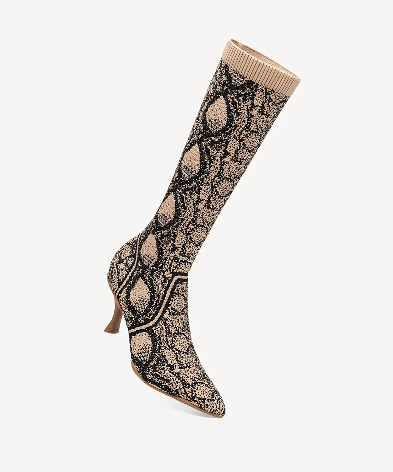 Minimalist Pointed Toe Heeled Long Boots#color_Apricot snake print