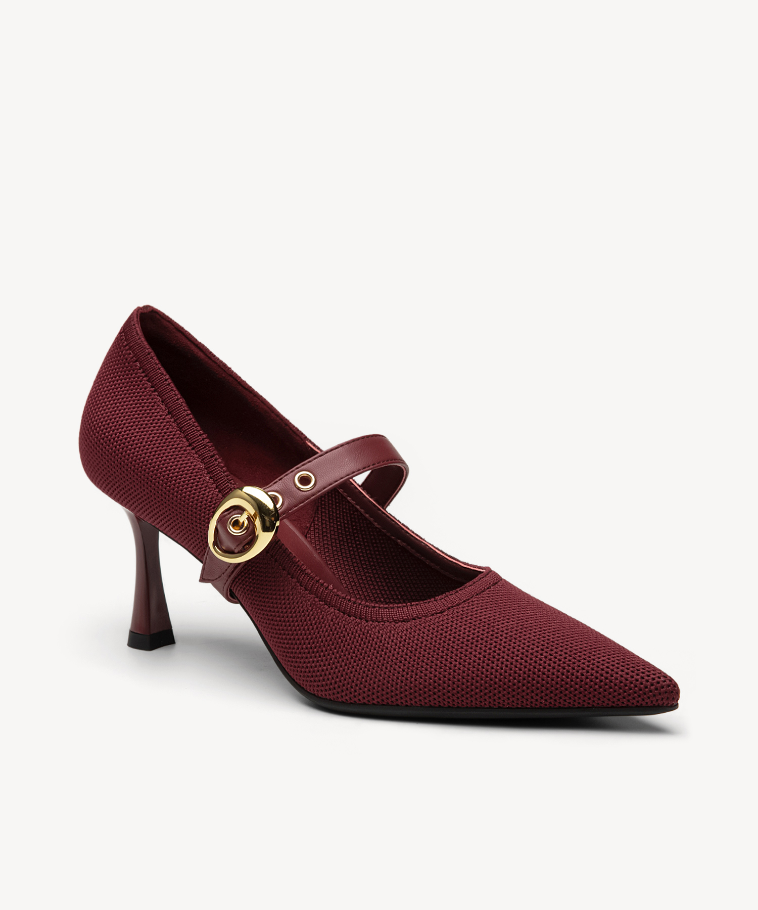 Removable Strap Pointed Toe Heeled Pumps#color_burgundy