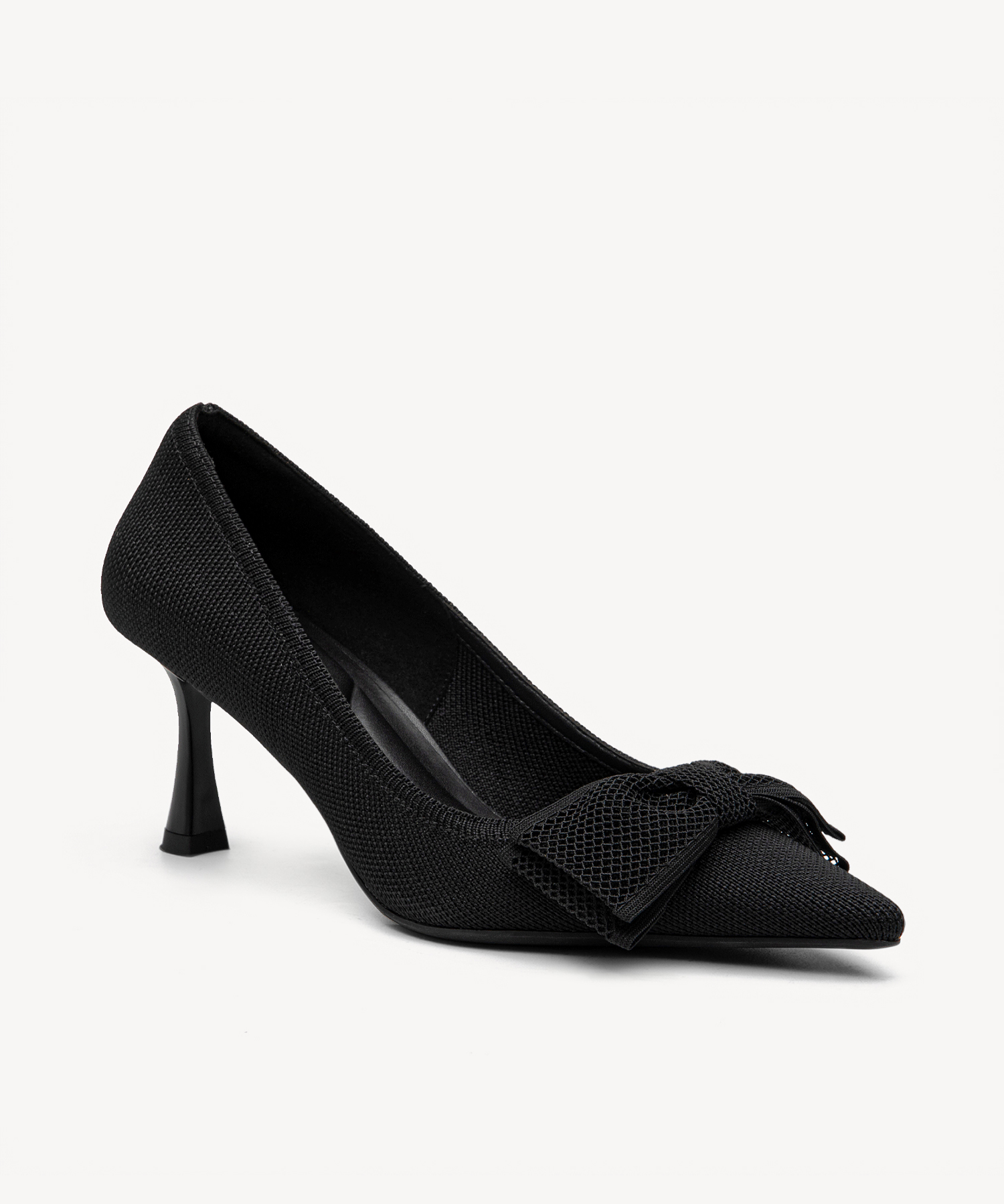 Bowtention Lace Pointed Toe Heeled Pumps#color_black