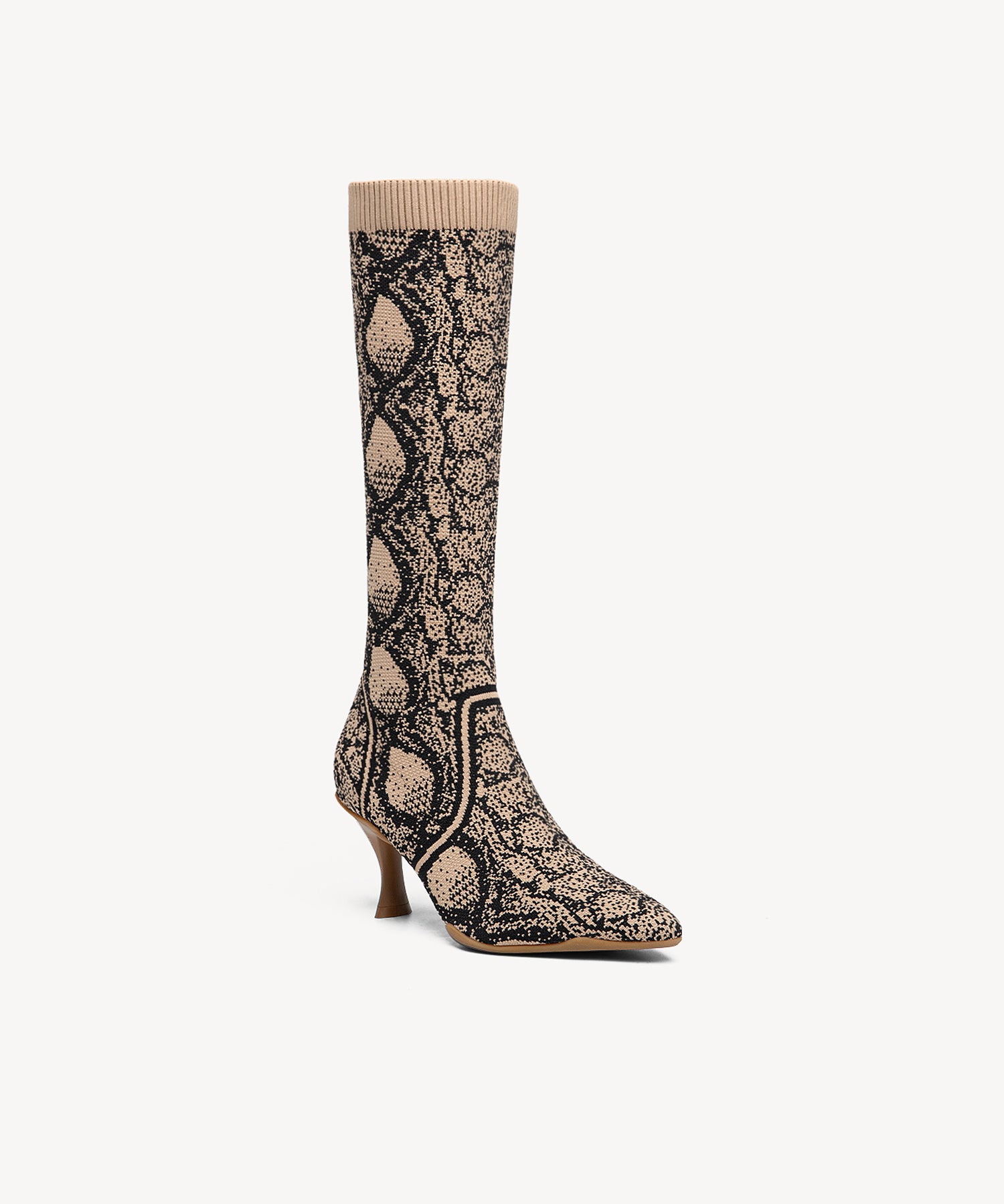 Minimalist  Pointed Toe Heeled Long Boots Apricot Snake Print