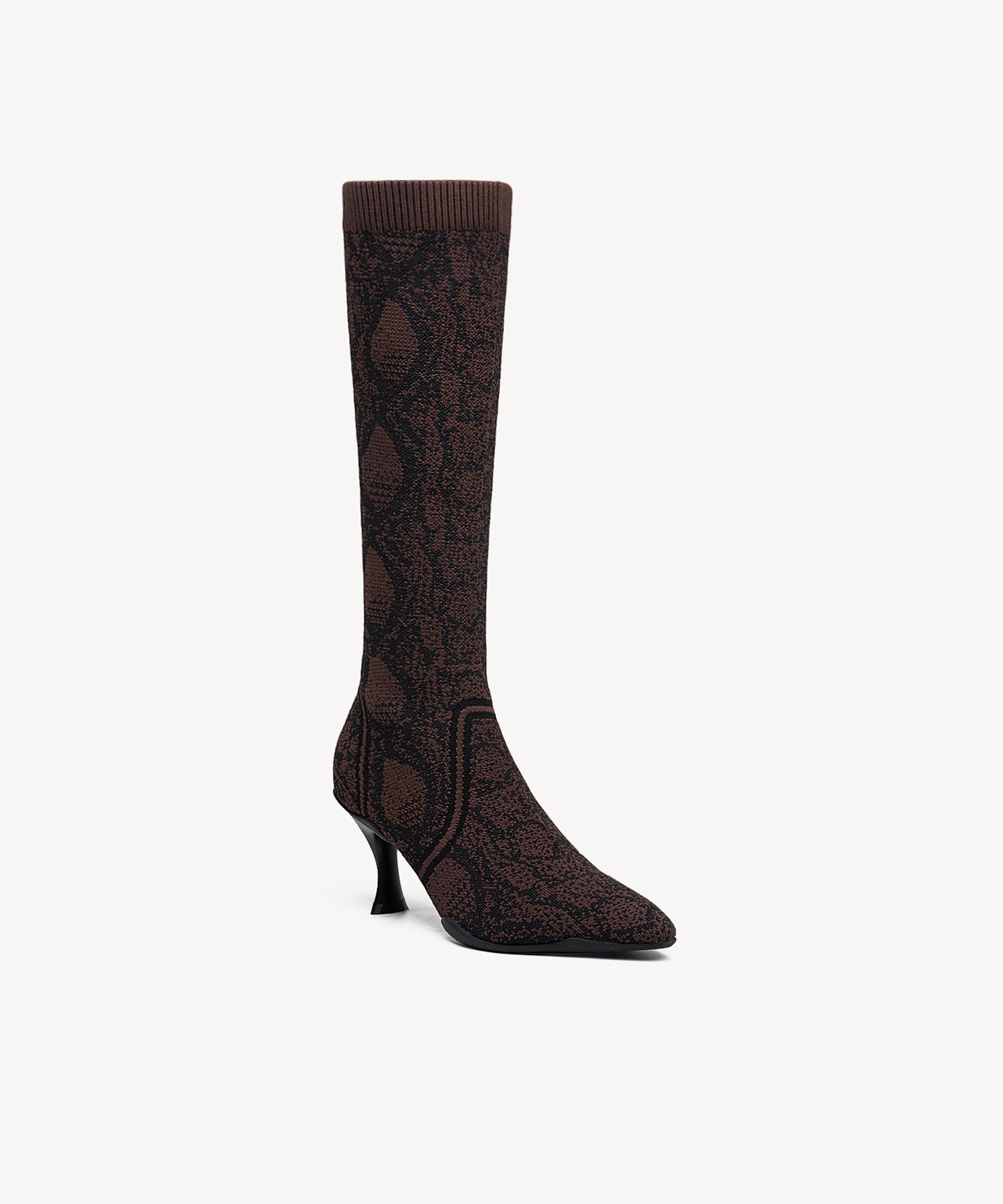 Minimalist  Pointed Toe Heeled Long Boots Brown Snake Print