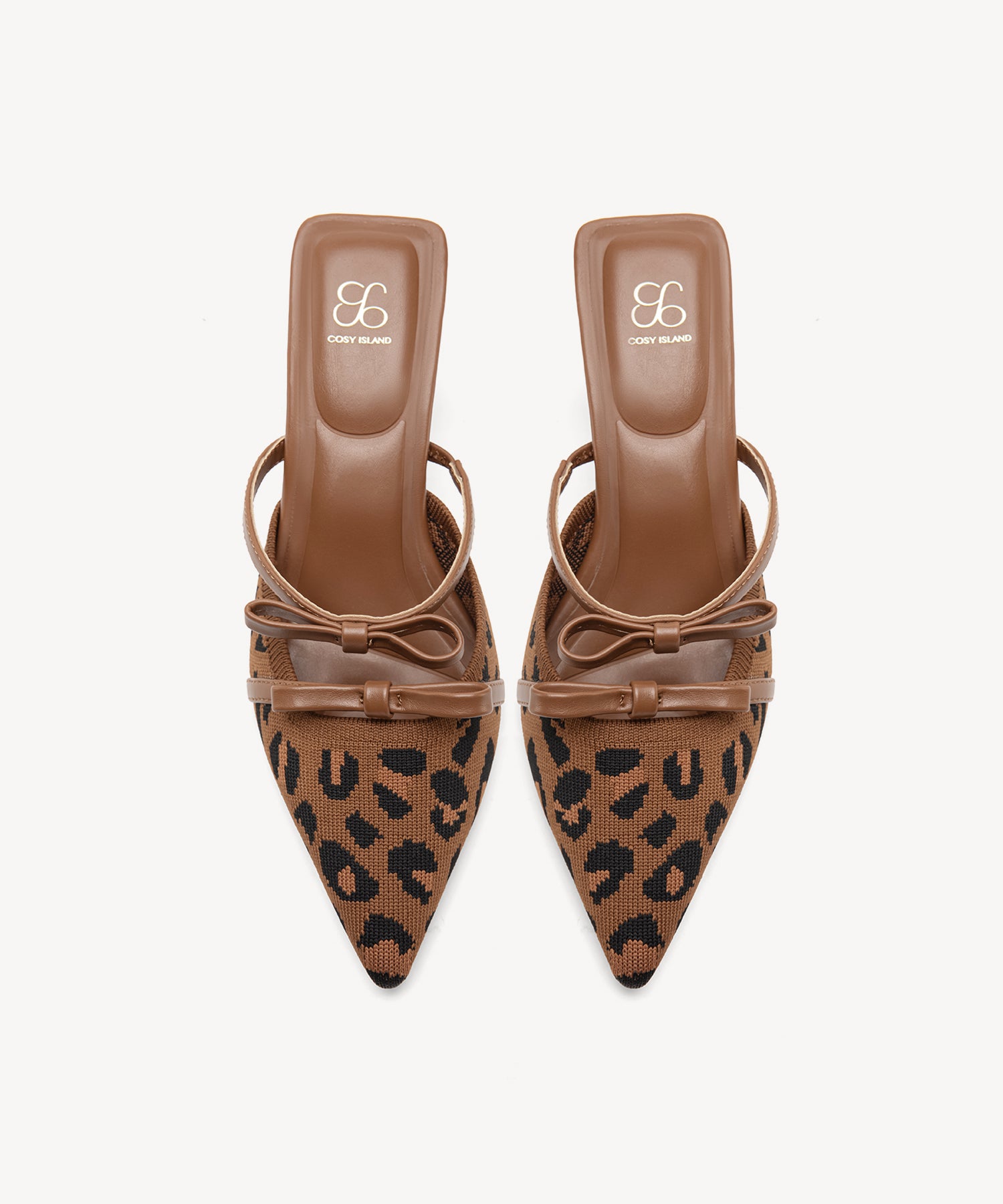 Bowknot Pointed Toe Heeled Mules Cosy Island #color_brown leopard