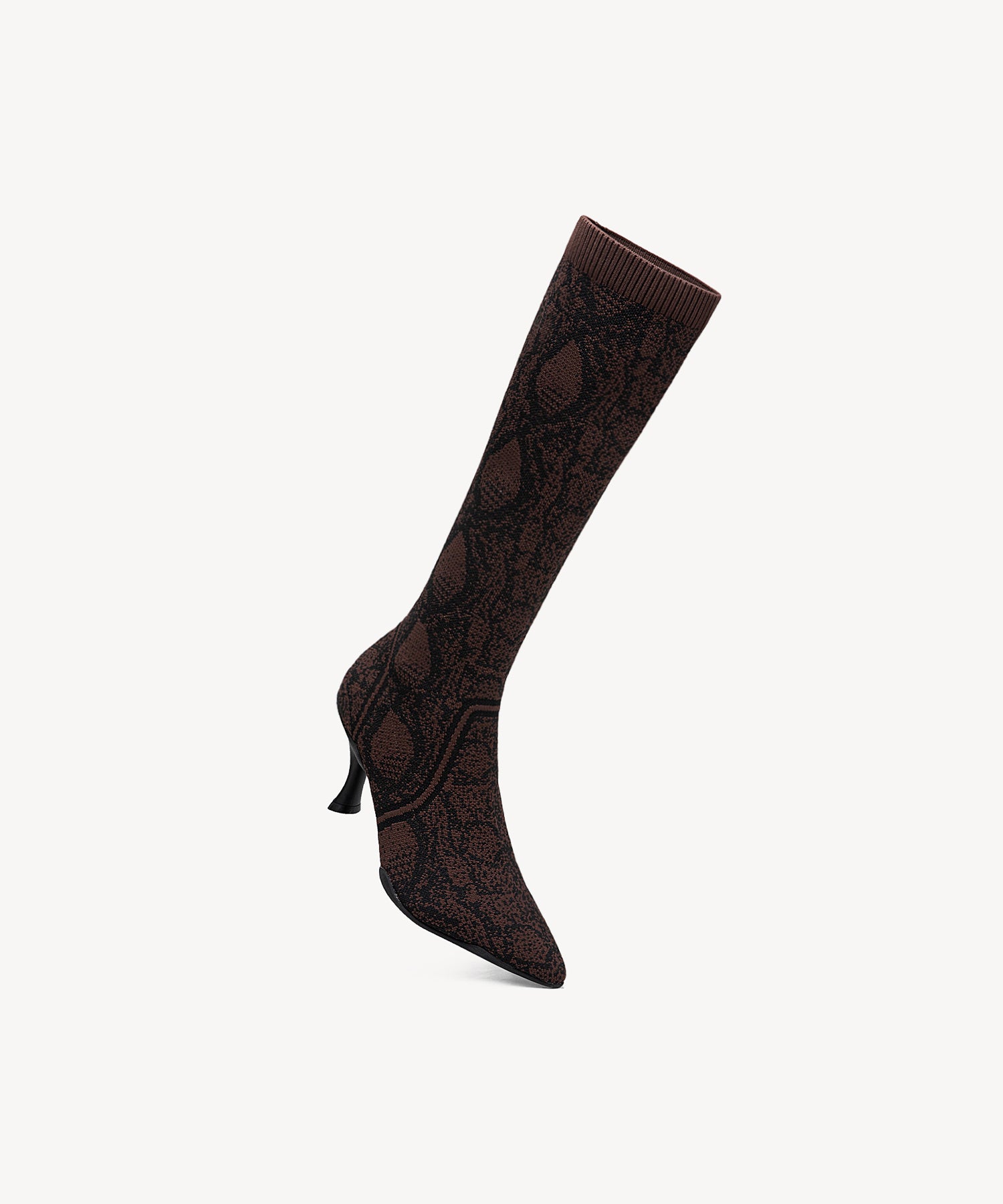 Minimalist  Pointed Toe Heeled Long Boots Apricot Snake Print