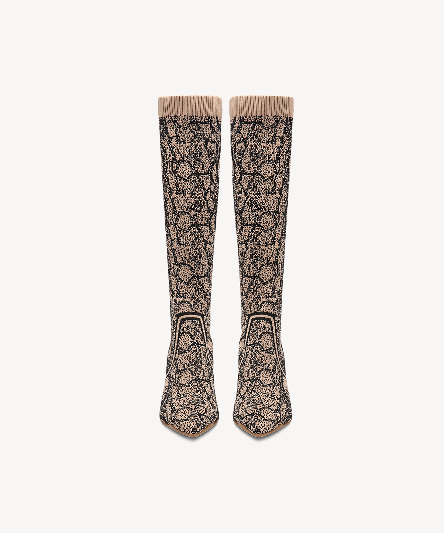 Minimalist  Pointed Toe Heeled Long Boots Apricot Snake Print