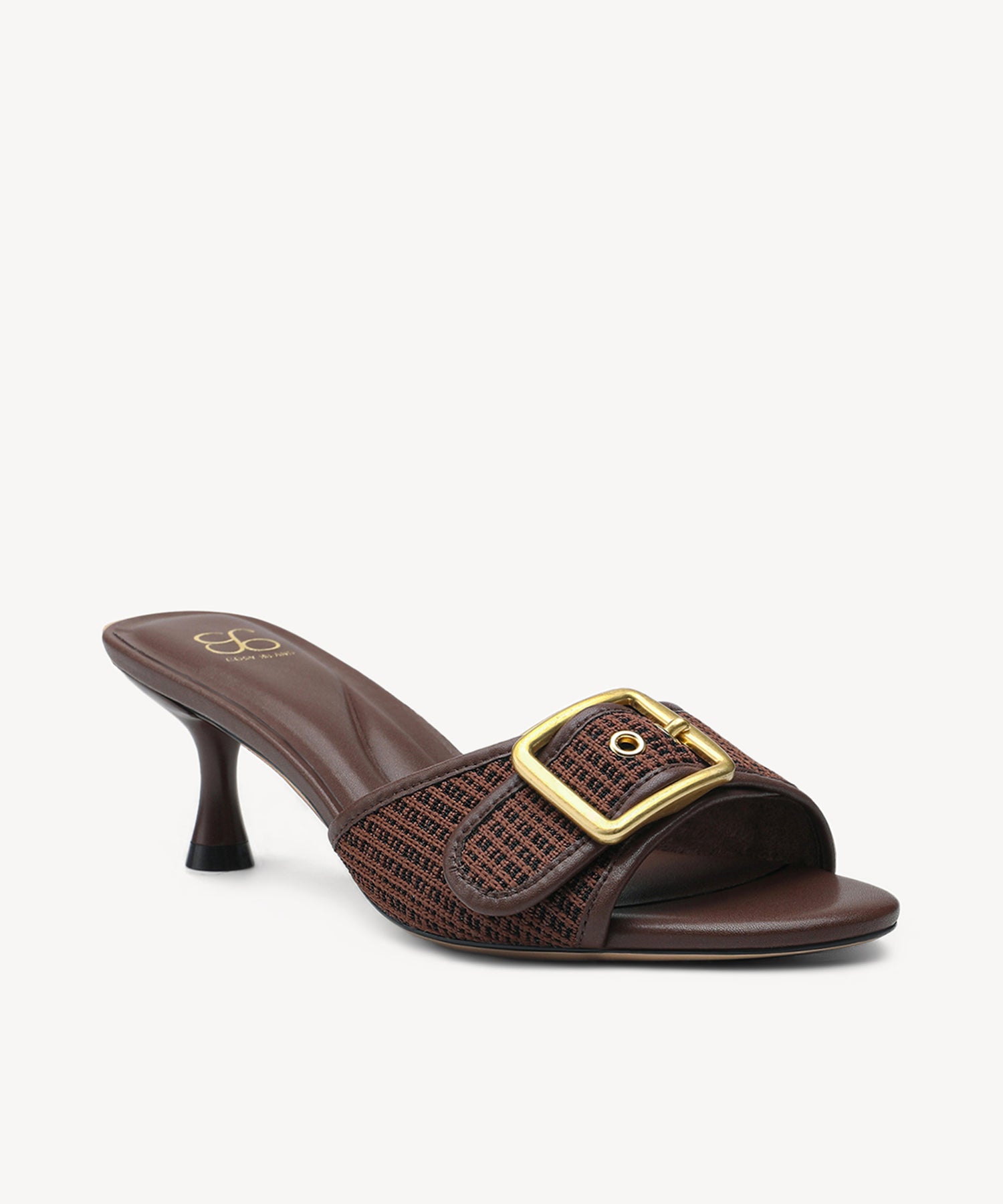 Buckle Grace Woven Kitten Heeled Sandal