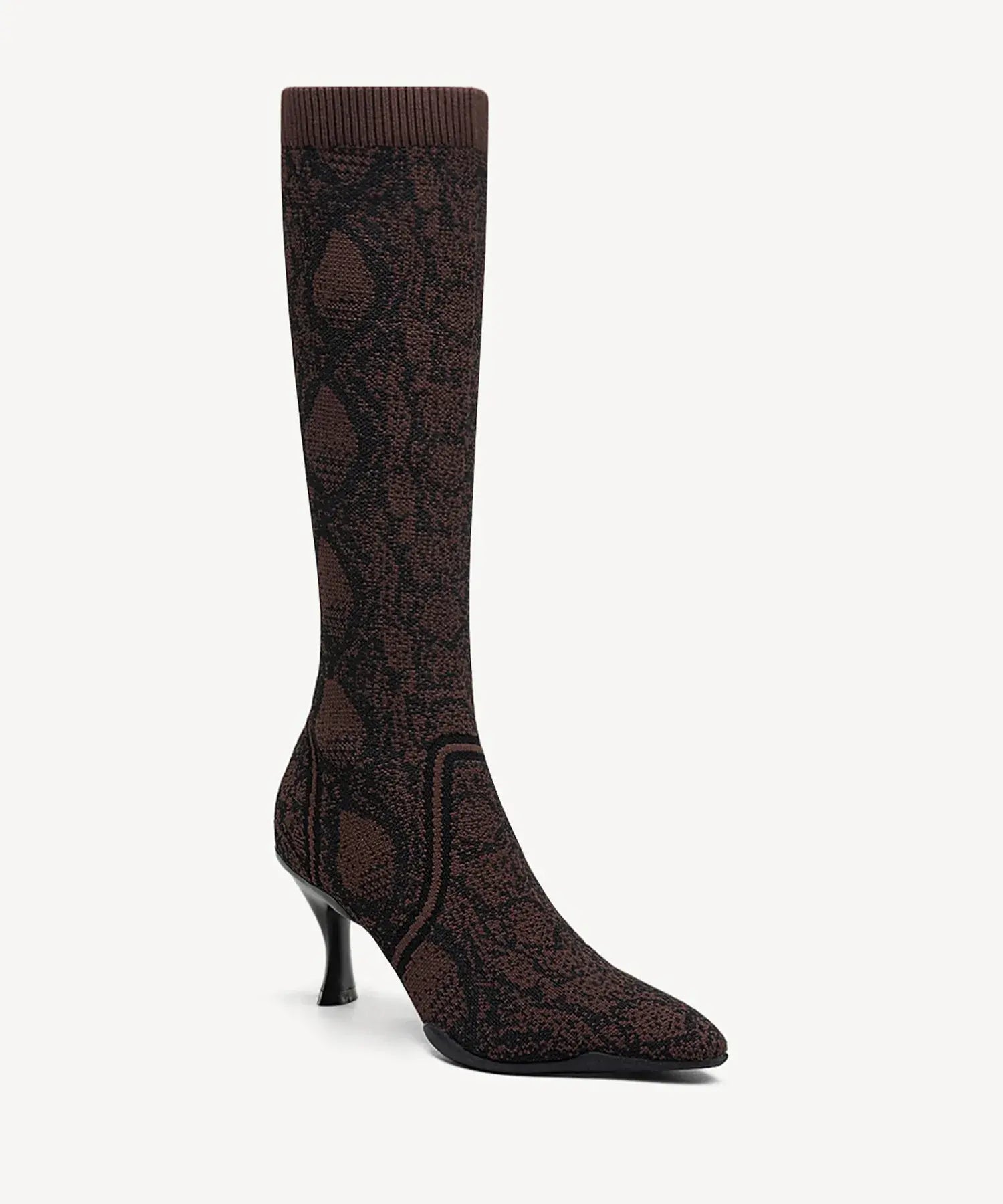 Minimalist Pointed Toe Heeled Long Boots#color_brown snake print