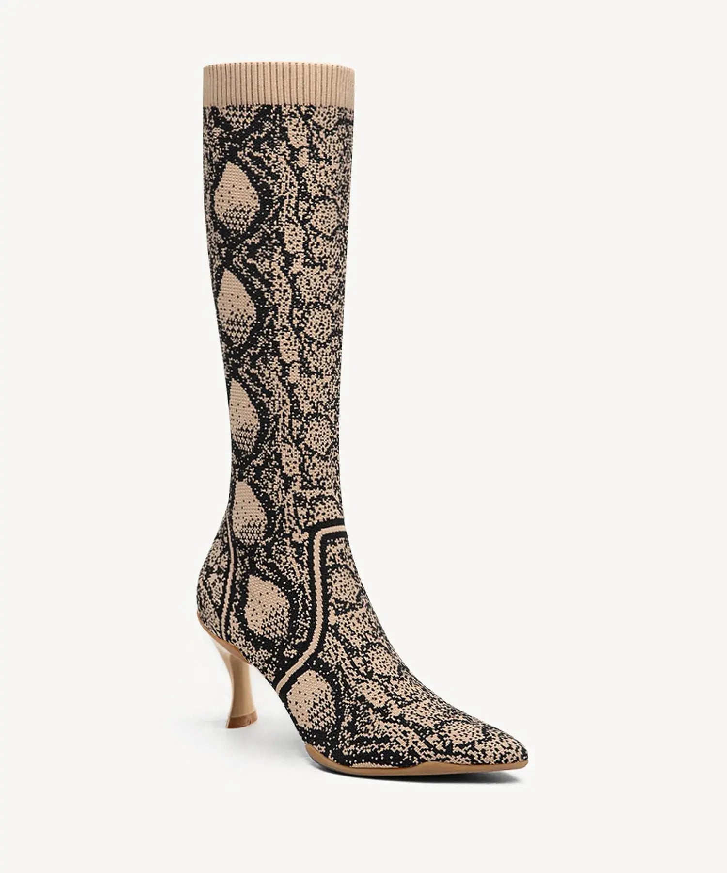 Minimalist Pointed Toe Heeled Long Boots#color_Apricot snake print
