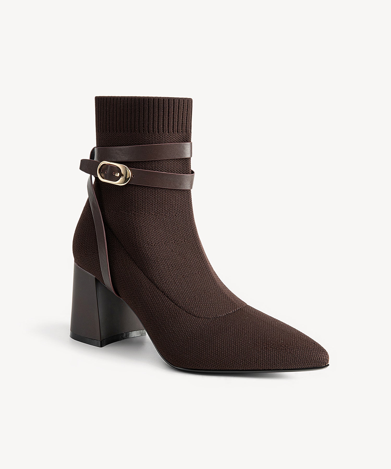 Strap Pointed Chunky Heeled Ankle Boots Coffee